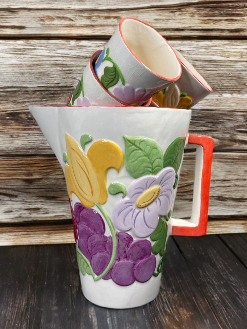 Hand-Painted Floral Ceramic Pitcher w/ 6 cups